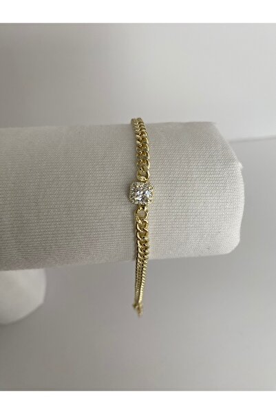 LUXURY Kadın Gold Renk Gurmet Zincirli Kare Baget Taşlı Çelik Bileklik