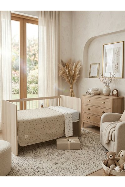 MAMARADUGA Çift Taraflı Minik Şerit Ponponlu Bebek Battaniyesi Hindiba TAŞ RENGİ 100 × 110 cm POPLİN