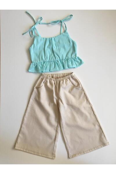 HMCraft Girl's Strappy Ruffle Blouse and Wide-Leg Pants Set - Mint Beige Summ...