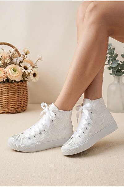 HYS SHOES Kadın Beyaz Dantel Yüksek Bilek Gelin Sneaker Dantelli Gelin Spor A...