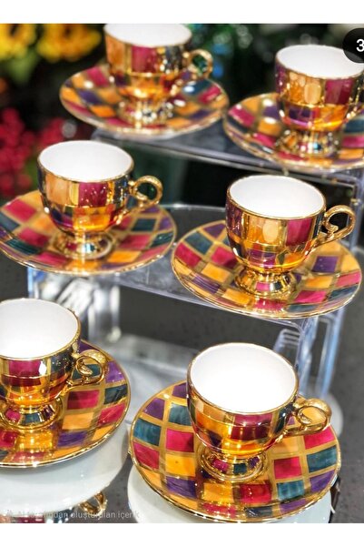 BY.RAYKA PORSELEN El Dekor Hunkar Dama Porcelain Hand-Painted 6-Piece Cup Set