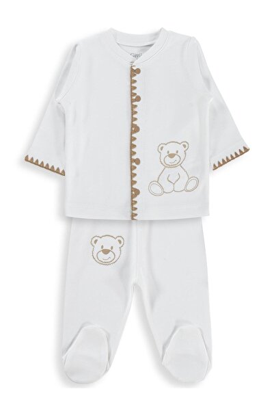 Civil Baby Sitting Sweet Bear Printed 1-9 Month Pajama Set - Ecru