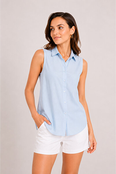 Nuevo Women's Baby Blue Zero Sleeve Buttoned Shirt Blouse Summer Stylish Design