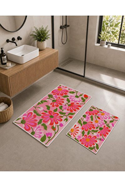 Evmila Pink Green Floral Patterned Bath Mat Dot Base Velvet