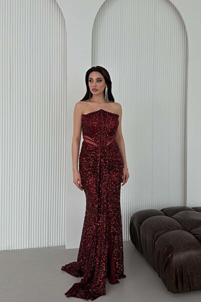 Serica Moda Bordo Straplez Bel Detaylı Pul Payet Abiye Elbise