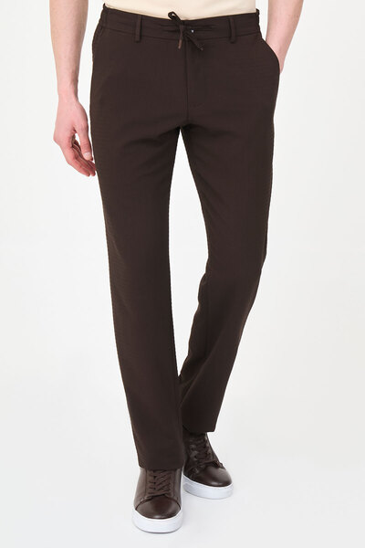 Mcr Textured Slim Fit Drawstring Elastic Waist Men's Trousers Brown - 38376.26Y