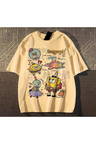 Vordevia Sponge Bob Printed White Oversize Unisex T-Shirt Basic Comfortable F...