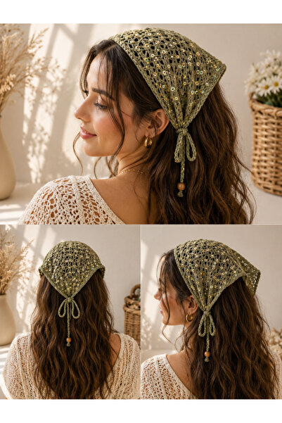 ESYCREATİVE ESY Bohem Örme Saç Bandası, Fular, Yeşil Pullu Bandana