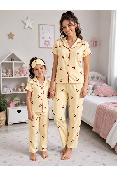 ALİŞ KİDS Mother-Daughter Cotton Yellow Cherry Pattern Short Sleeve Shirt Lap...