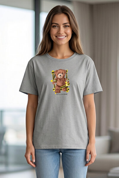DK DAKSEL Culoare gri Avertisment Culoare Tricou de damă cu imprimeu ursuleț ...