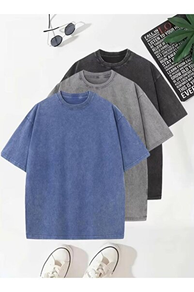 Toum 3-Pack Basic Unisex Washable Vintage Oversize T-Shirt