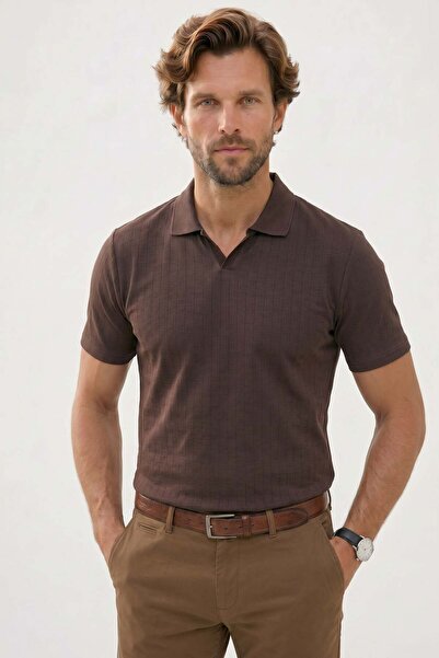Tudors Men's Slim Fit Slim Cut Cotton Short Sleeve Striped Brown Polo V-Neck ...