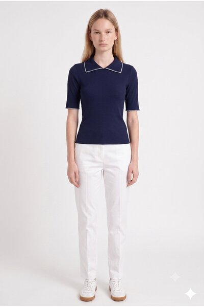 MOVİMENT Navy Blue Polo Collar Detailed Women's Knitted Blouse - Regular Fit ...