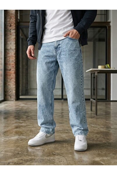 MODAMESTO Men's Ice Blue Baggy Fit Wide Cut Jean Trousers