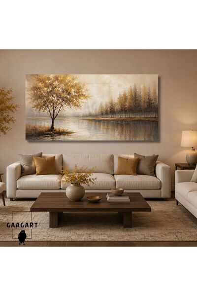 GAAGART Panoramik Kanvas Duvar Tablosu Soyut Yağlı Boya Görünümlü Krem Gold M...