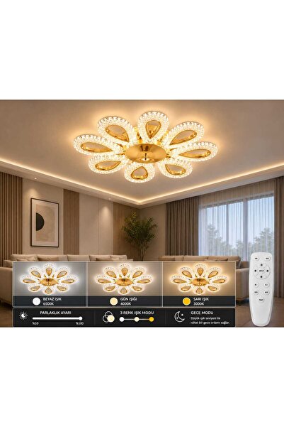 MAVERALİGHTİNG YAGMUR 8Lİ AVİZE 3 RENK LED ISIKLI KUMANDALI SALON AVİZE MODER...