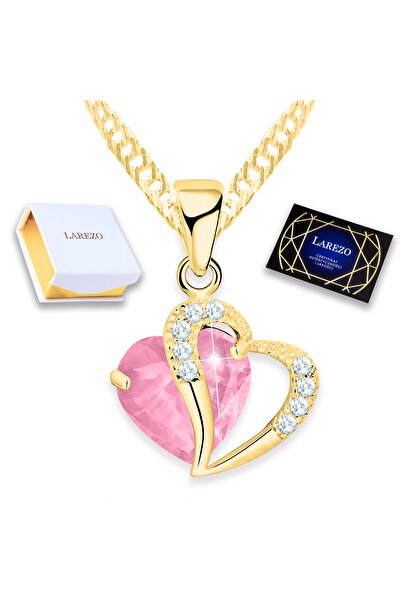 Larezo Colier Din Argint 925 Placat Cu Aur, Pandantiv Cu Cristal Roz Si Zirco...