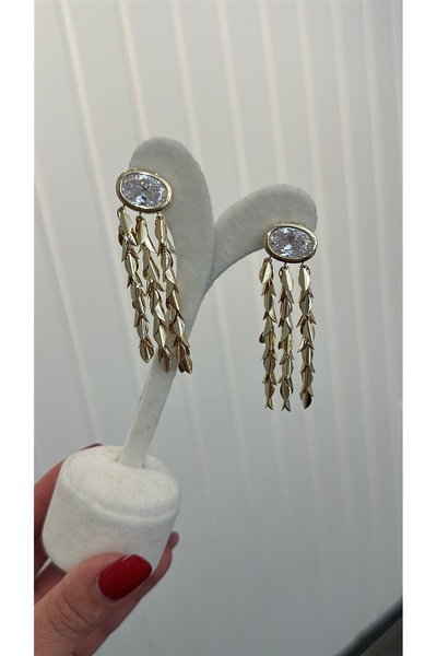 GLARE JEWELRY CO Glass Stone Detailed Dangle Gold Earrings