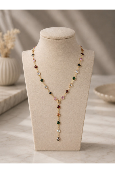 QueenJewelrry Paslanmaz Çelik Renkli Zirkon Taşlı Kadın Y Kolye