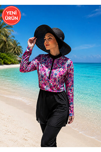 fera butik Floral Patterned Hijab Swimsuit Haşama