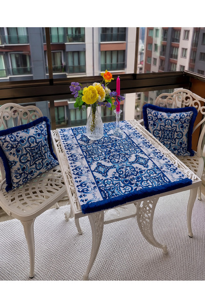 Nurala Home Mavi Beyaz Desenli Runner ve 2'li Kırlent Takımı
