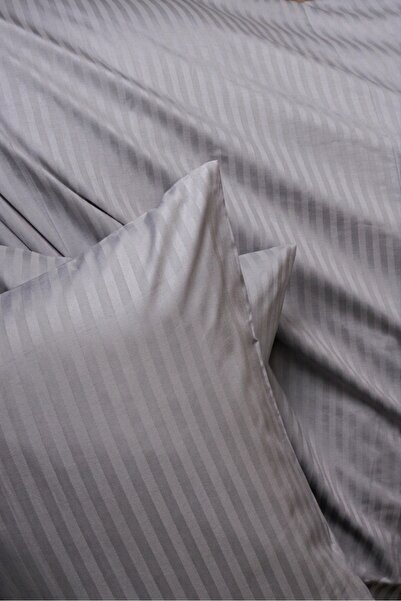 linessia home Double Premium Cotton Satin Striped Duvet Cover Set Light Gray