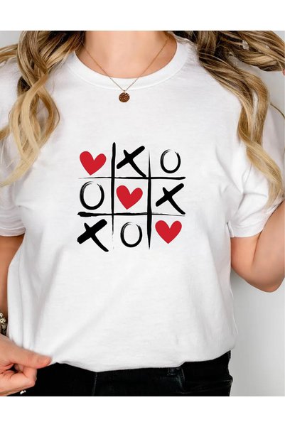 Krays Tic-Tac-Toe Heart Design Women's Crew Neck White T-Shirt - Fun Printed ...
