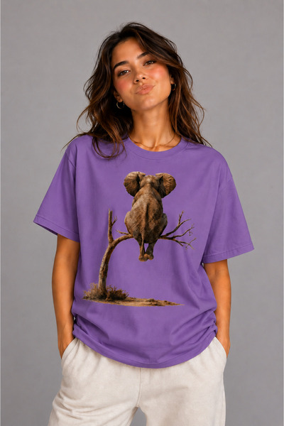 VODEXA Women's Oversize T-Shirt Elephant in the Brush Printed 100% Cotton T-S...