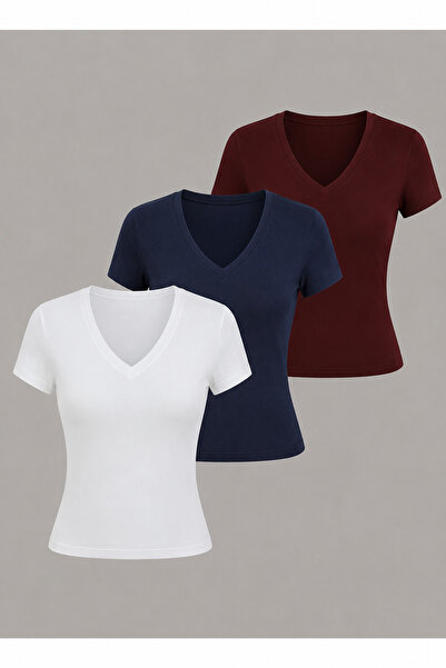 EVIus Women's Basic V-Neck Slim Fit T-Shirt Triple Set
