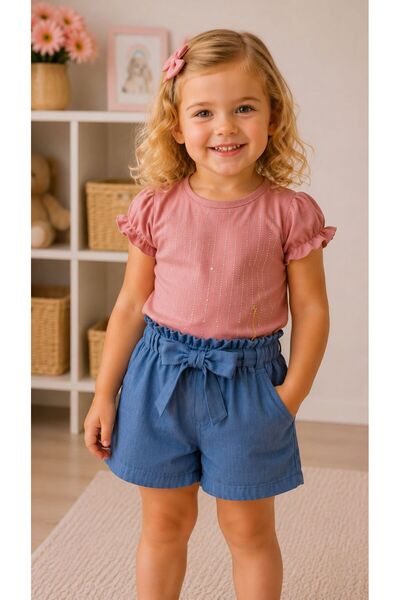 Kuzucuk Kids Bebek Çocuk Butik Kız Çocuk Pembe Taş Baskılı Tişört ve Mavi Ten...