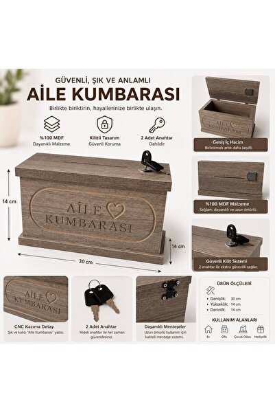 BOZKURT CNC Kumbara - "Aile Kumbarası" CNC Kazıma Kilitli Kumbara 2 ANAHTARLI...