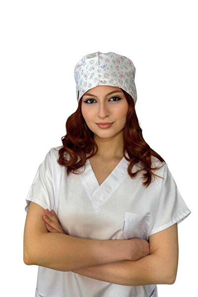 ÇİMEN BUTİK Pamuklu Poplin Cerrahi Ve Aşçı Bone Yeşil Fiyonk ve Çiçek Desenli