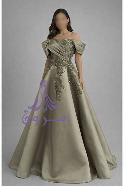 ALPHALUNA Elena Luxury Olive Evening Dress with Off-Shoulder Cut
