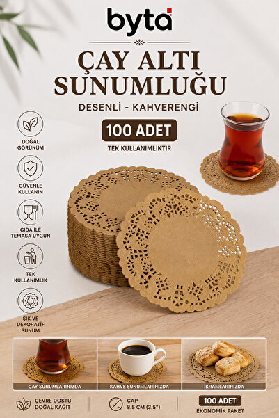 BYTA Kahverengi Dantel Kağıt Çay Bardağı Altlığı 9 cm Yuvarlak Tek Kullanımlı...