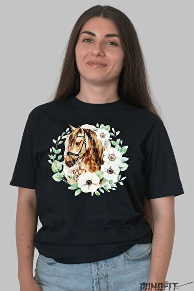 GILDAN Tricou Cu Cal Si Flori Albe