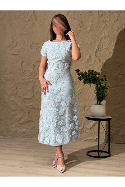 BRATO Sky Blue Midi Dress Set with Embossed Floral Embroidery and Pearls