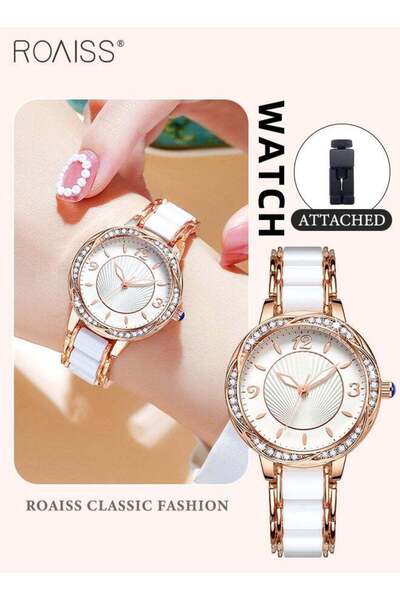 ROAISS Women's Quartz Watch with Ceramic Strap Round Flower Shaped Dial Rhine...