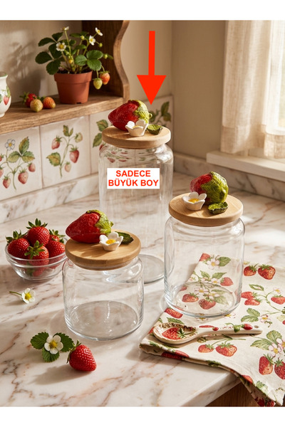Kare Home Bambu Kapaklı Vakumlu BÜYÜK BOY Cam Kavanoz Seti (1300 ml) ÇİLEK DE...