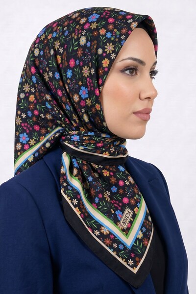 hadiora Women's Black Backgrounded Blue Floral Stitched Writing