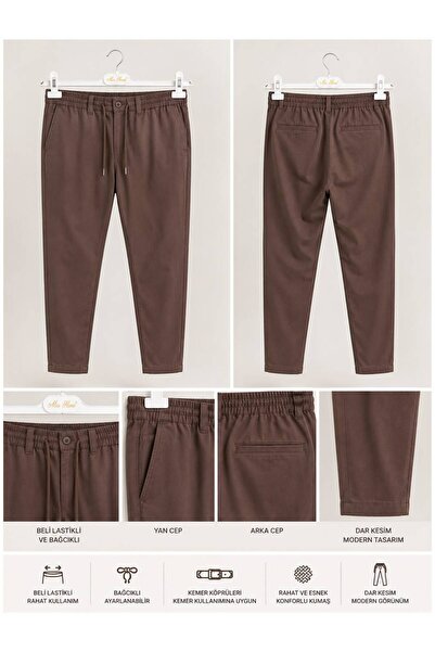 Parkur Fulla Men's Slim Fit Elastic Waist Belted Jogger Pants Light Brown