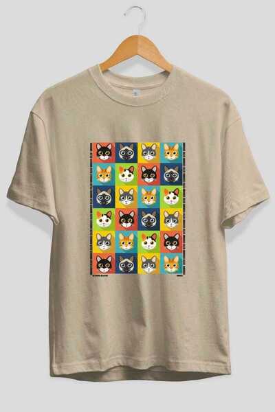 Ankhises For the Love of Cats 122 Front Cat Printed Beige Oversize T-Shirt 10...