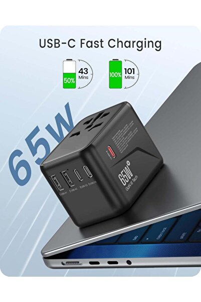 YoYoTech Universal Travel Adapter 65w GaN III Travel Adapter,5 in 1 European Travel Plug Adaptor 2x USB-A and 3 xUSB C Fast Wall Charger