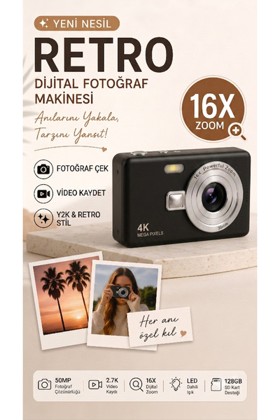 FaroxTech Retro Dijital Fotoğraf Makinesi 50MP Fotoğraf Çözünürlüğü 2.7K Vide...