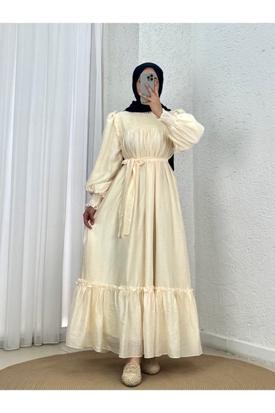 MİHRA STORE Aypare Voile Dress with Gathered Chest and Sleeves-Pa9887 Yellow