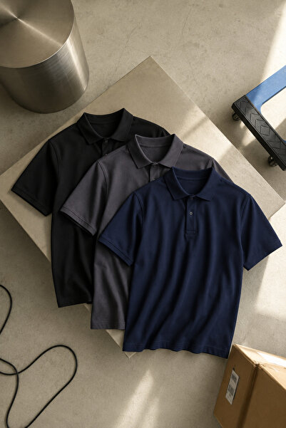 COMBİNE MİCHAİL Men's Short Sleeve 3-Piece Loose Polo Collar T-Shirt