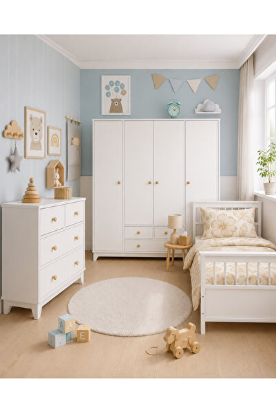 Koza %100 MDF Bonnie 4 Kapılı Bebek&Çocuk Gardırop & Bonnie 4 Çekmeceli Şifon...