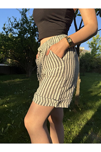 cesita Women's 100% Cotton Muslin Fabric Black Striped Ecru Shorts