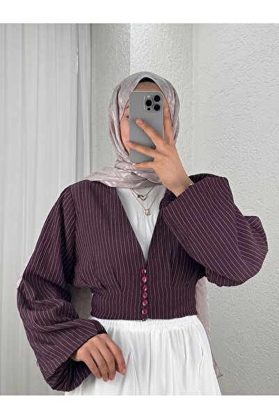 MİHRA STORE Ayperi Striped Shirt with Pencil Front - Bn4709 Plum