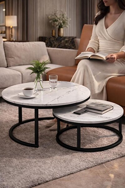 shopandshop Marble Coffee Table Set of 2 for Living Room, Round Coffee Table,...