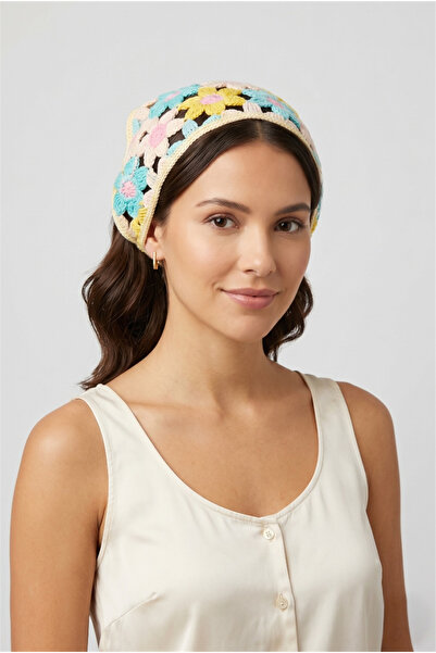 Pelin Aksesuar Yellow Blue Daisy Motif Crochet Knitted Bandana